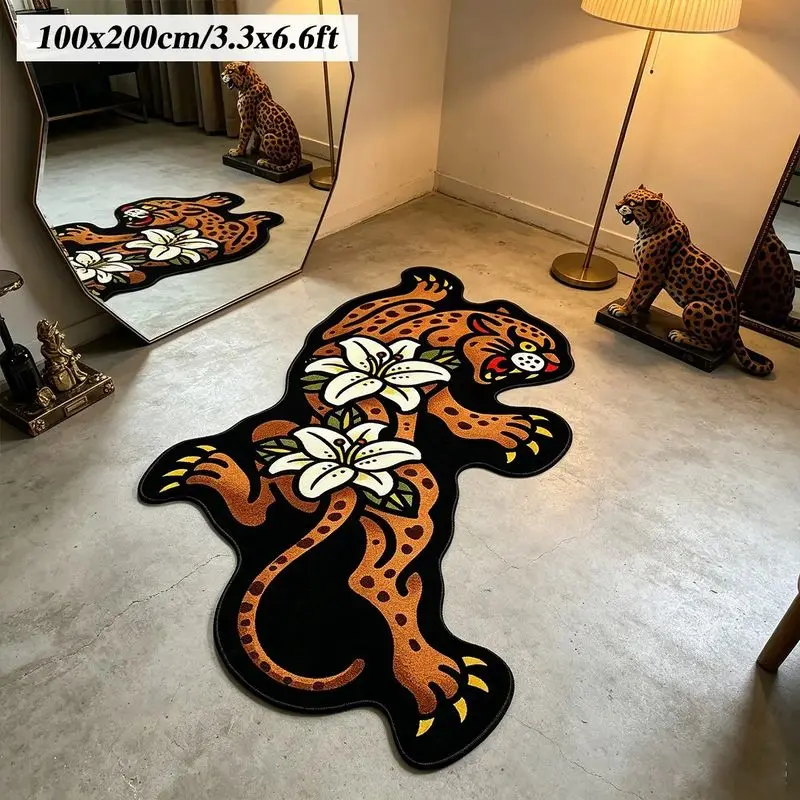 VIKAMA Retro Tattoo Leopard Lily Flower Shaped Door Mat, Vintage Aesthetic Bedroom Entrance Rug Trendy Home Decoration Floor Mat