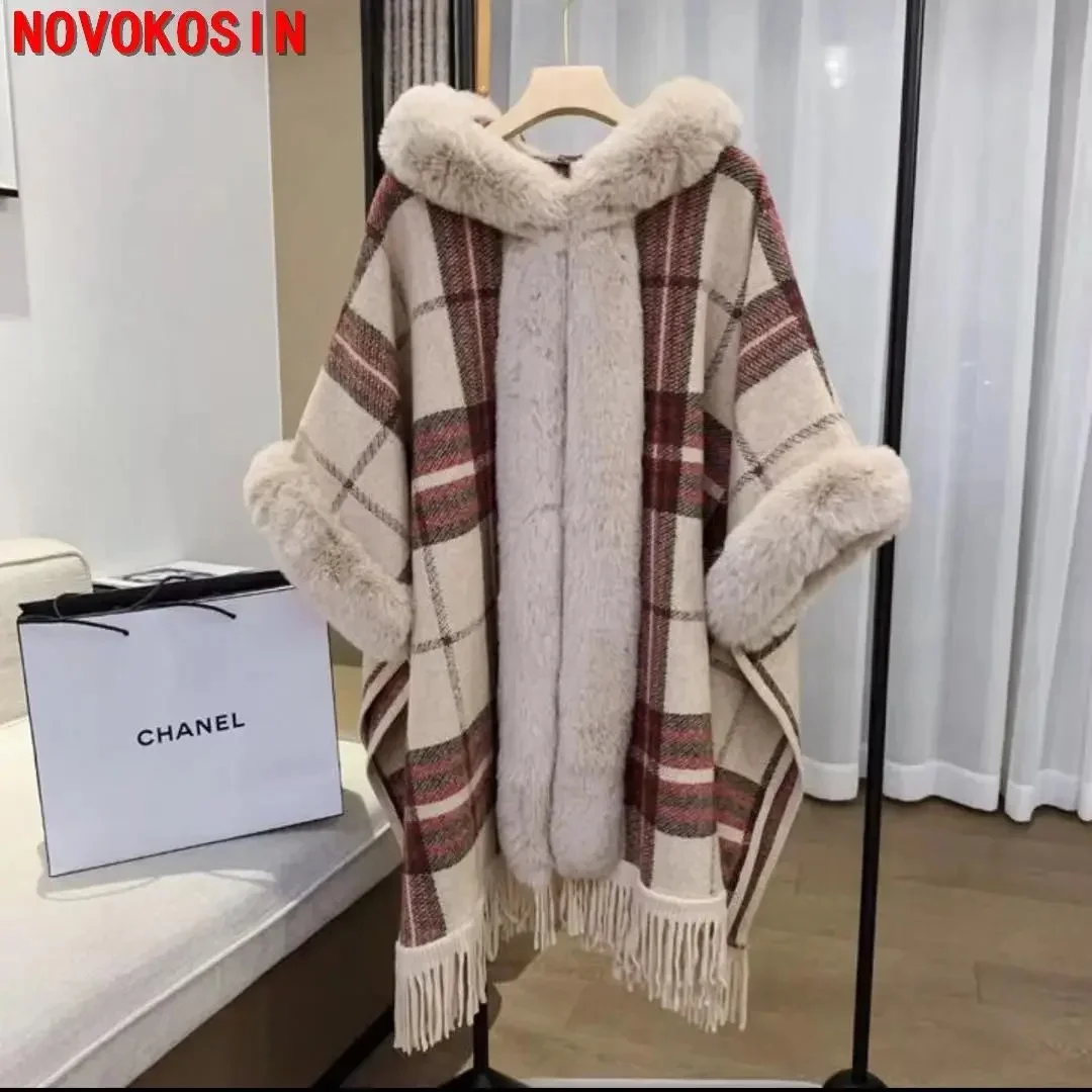 

4 Colors Women Long Faux Fur Collar Tassel Loose Cape Winter Warm Thick Batwing Sleeves Striped Outstreet Wear Overcoat With Hat