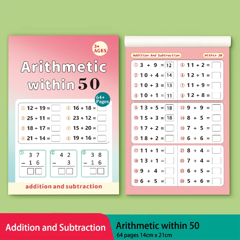 Kids Math Workbook Arithmetic within 50 Addition Subtraction Exercise Book 64 Pages Early Learning Practice Book for Preschool