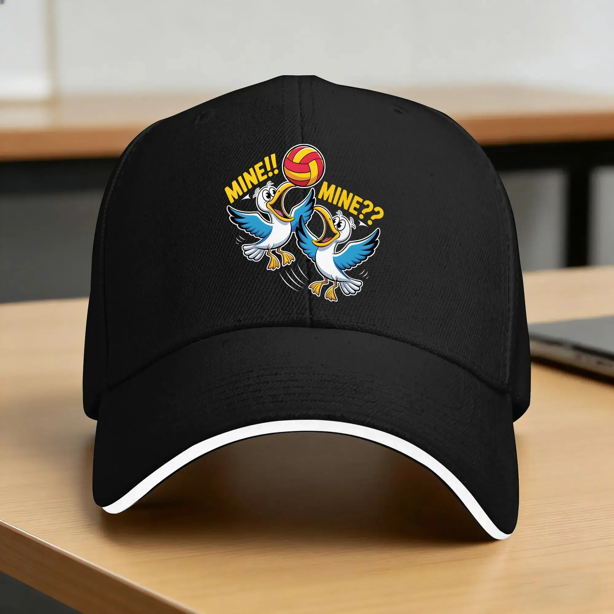 Funny Seagull Mine Mine Volleyball Beach Humor Art Sun Baseball Cap Summer Men Women Custom Logo Trucker Hat Sunscreen Caps