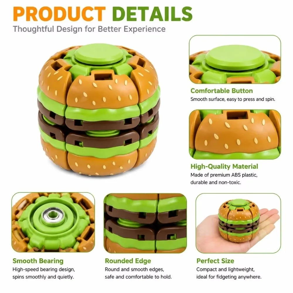 Burger Shape Hamburger Fidget Spinner Smooth Rotating Mechanical Gyro Burger Fidget Ball Stress Relief Portable