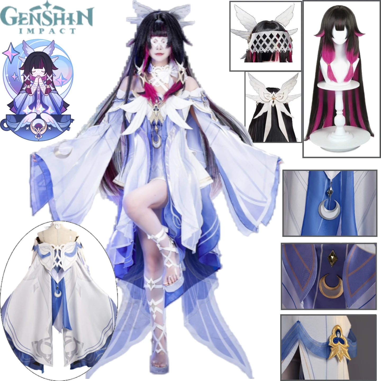 Columbina Hyposelenia Cosplay-Kostüm Genshin Impact Columbina Moon Maiden Weiß-blaues Kleid Flügel-Requisiten für Frauen Spiel-Rollenspiel