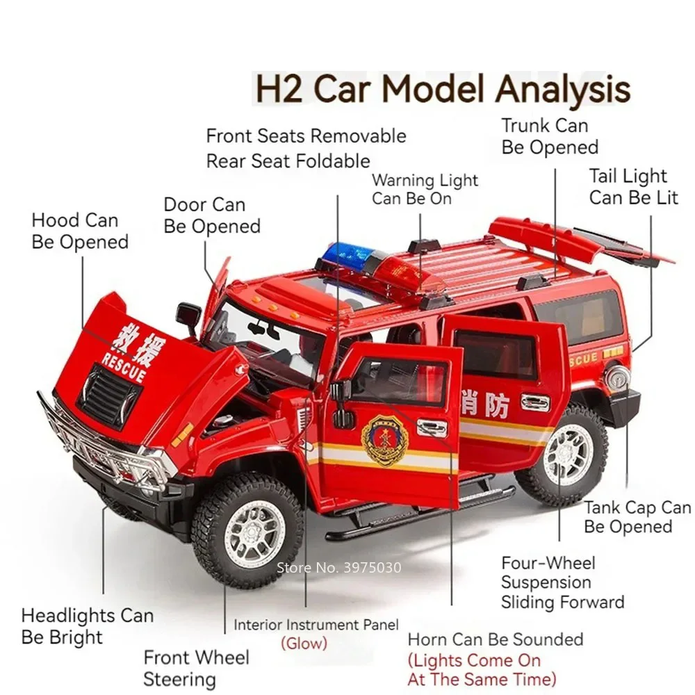 1:18 liga h2 brinquedos modelos de carros de polícia 6 portas abertas motor de incêndio com música leve veículos em miniatura presentes para crianças pequenas