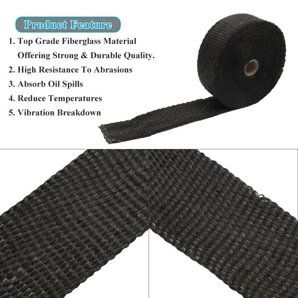Fiberglass Exhaust Heat Wrap Thermal Insulation 5M Header Pipe Wrap Self-Adhesive Bandage Heat Resistant Muffler Wrap
