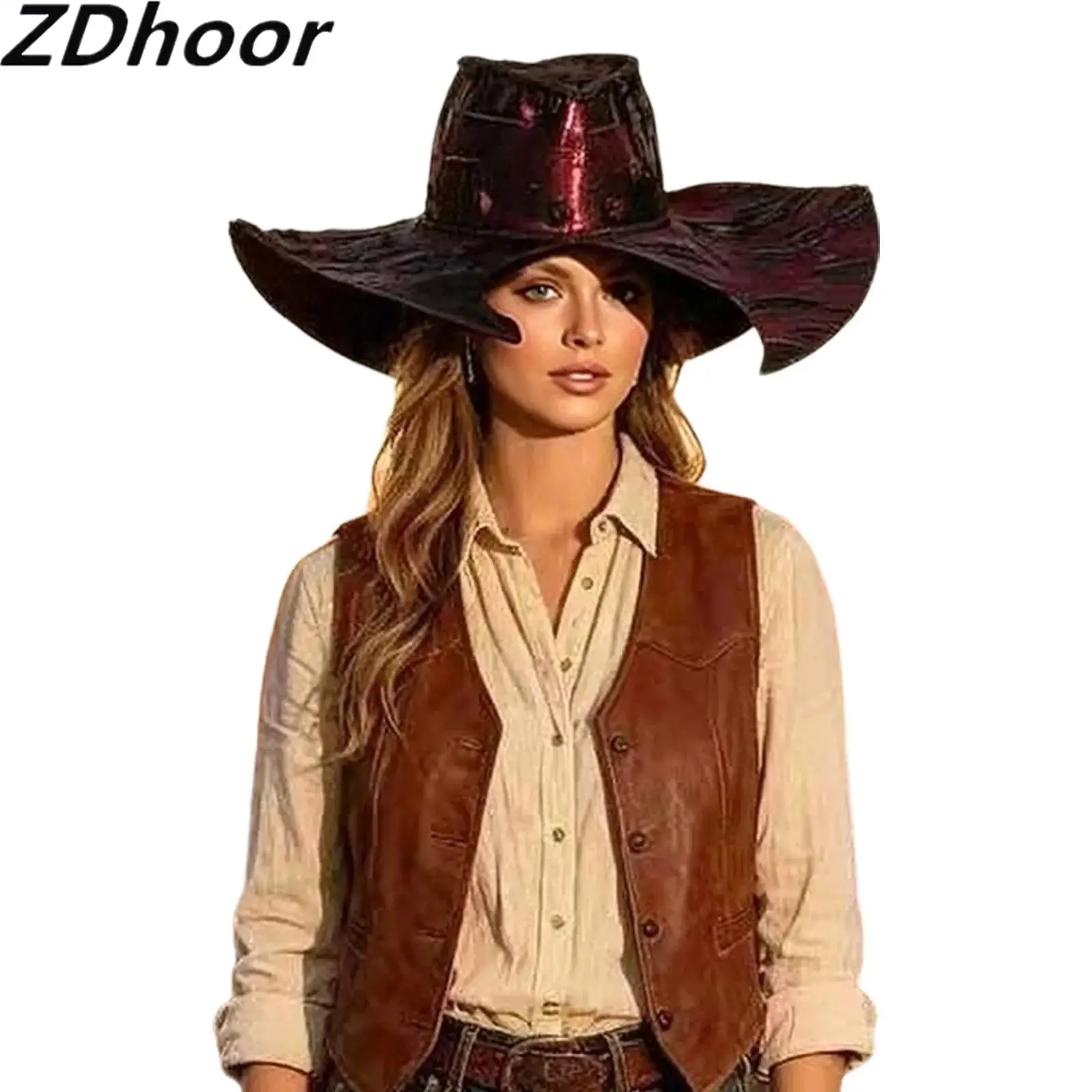 Unisex Adults Western Cowboy Cowgirl Hat Wide Brim Embossed Texture Cap Headwear for Halloween Role-playing Theme Party
