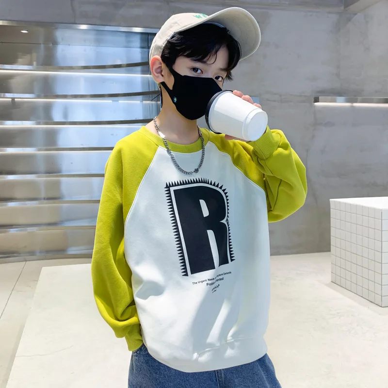 Spring Autumn Boys Cotton Loose Contrast Alphabet Basic Sweatshirt School Kids Track Pullover Tops Child Workout Jumper 5-16Yrs