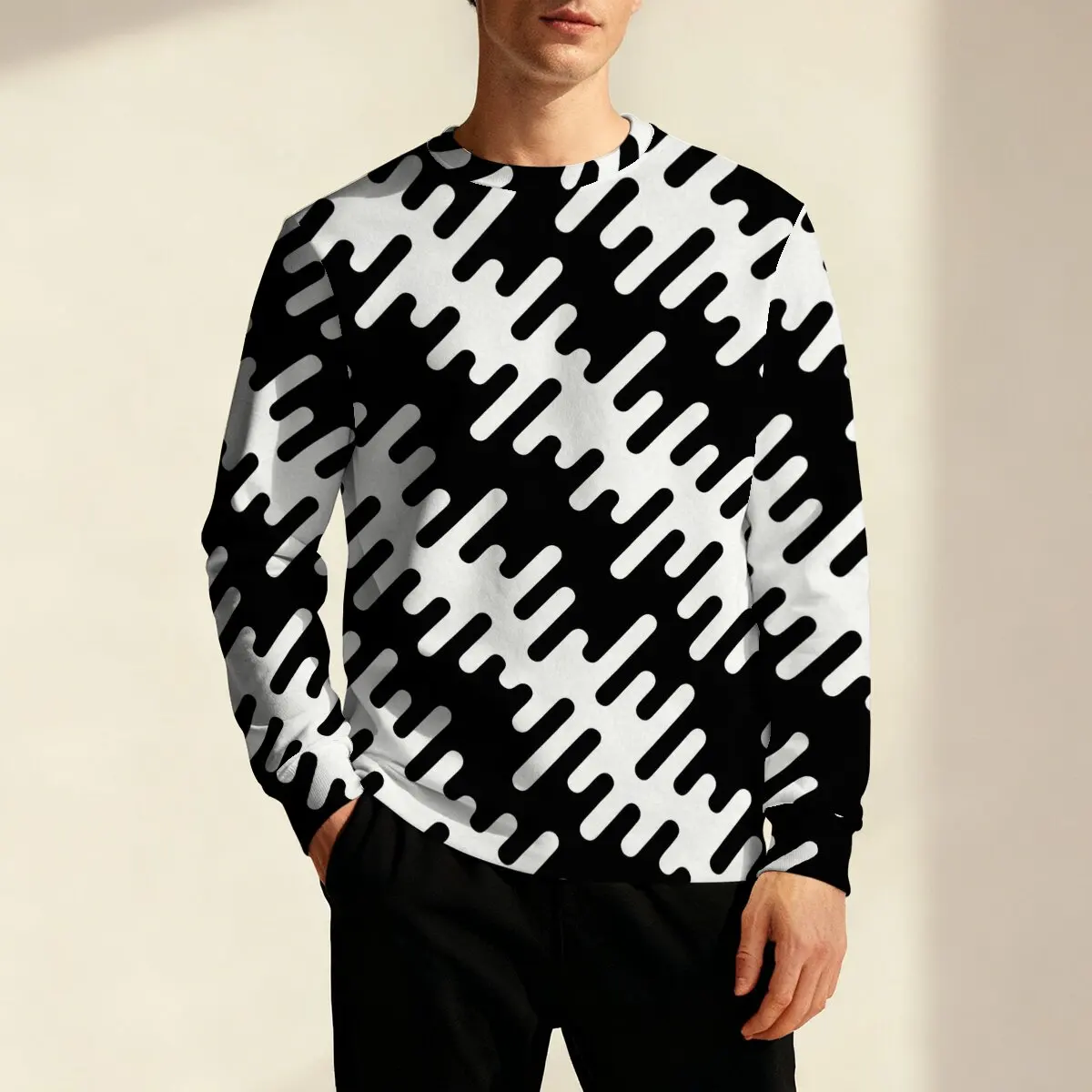 

Мужская осенне-зимняя толстовка с длинными рукавами Черно-белый персонализированный принт, повседневная и модная, идеально подходит для повседневной уличной одежды.