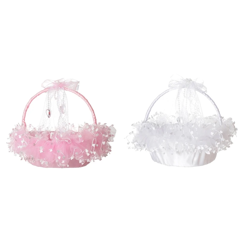 E15E Flower Basket for Wedding Ceremony Lace & Clear Heart Decor Candy Gift Bag