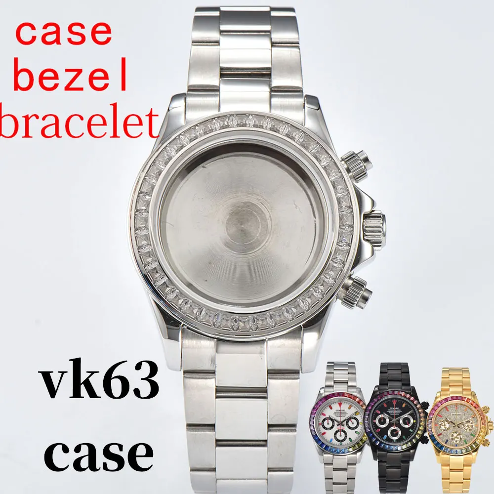 39.3mm VK63 Watches Silvery/Gold Men's Rainbow gem Case FIT VK63 Movement Case Watch Accessories Part Fits 20mm Strap Watch case