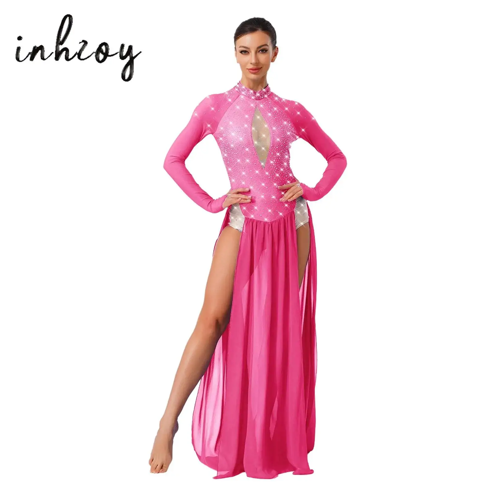

Womens Shiny Rhinestone Lyrical Dance Dress Long Sleeve Backless Chiffon Slit Hem Maxi One Piece Leotard Dress Modern Dancewear