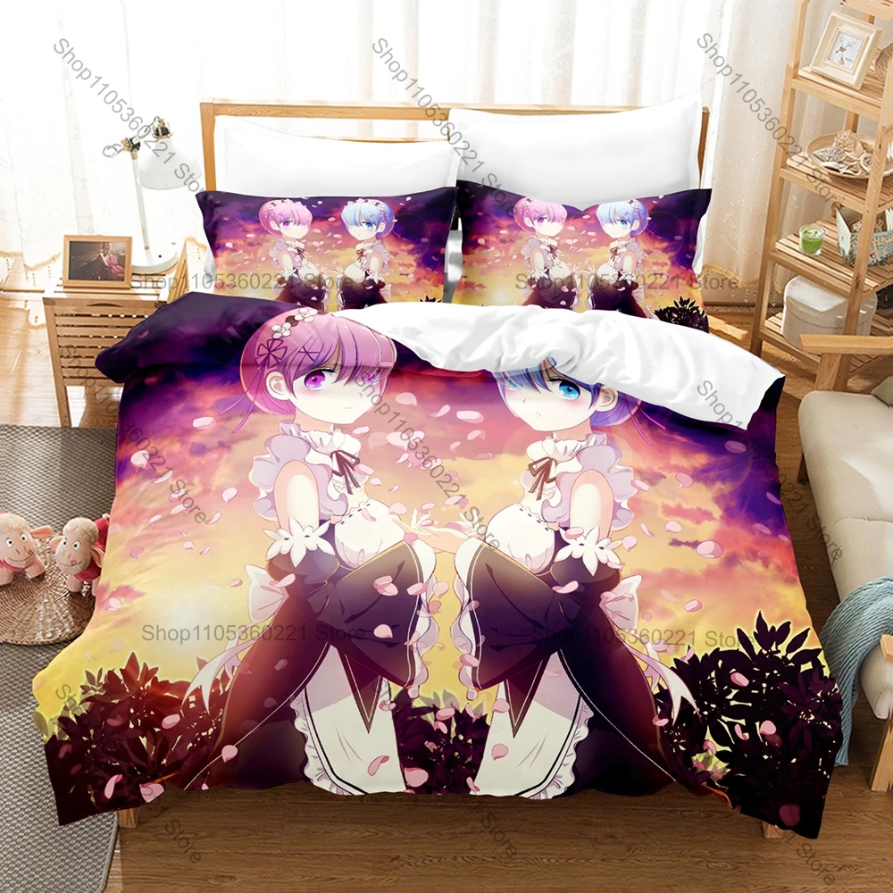 ReZERO -Starting Life in Another World Duvet Cover + 2 Pillowcases, Popular Anime Print Soft Bedding Set for Fans