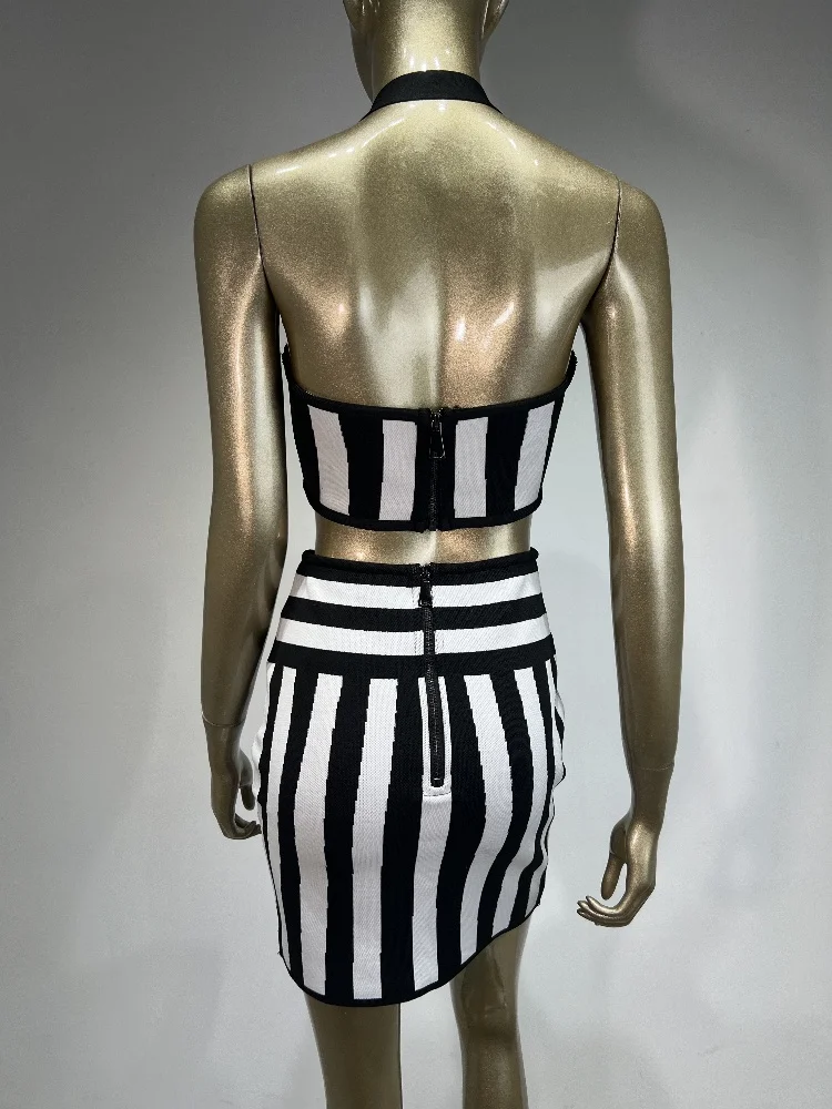 Nowość Kobiety Lato 2024 Celebrity Sexy Striped Jacquard Mini Bandage Skirt Suit Dzianina Elegancki Wieczór Klub Impreza Dwuczęściowy Zestaw