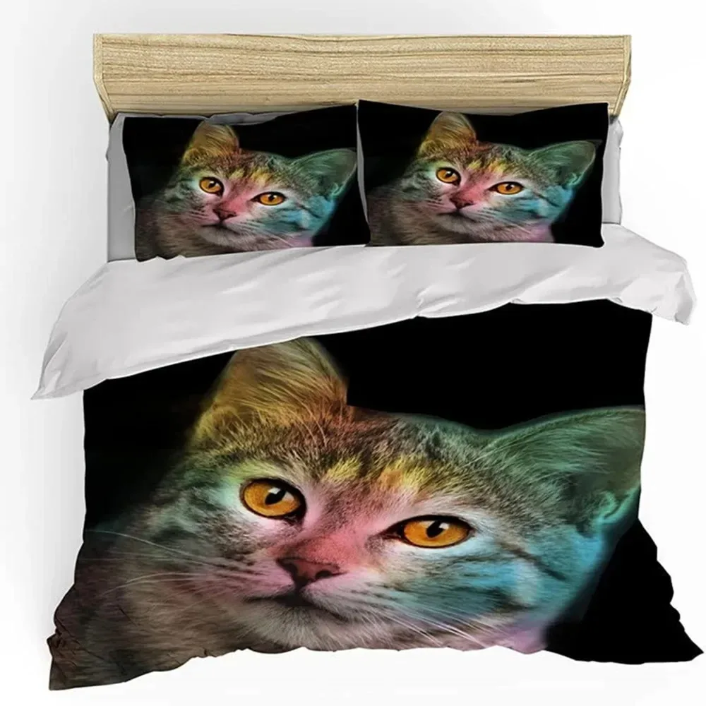 Cute Cat Duvet Cover Twin Size 3D Animal Vivid Colorful Cat Printed Comforter Cover Soft Polyester Bedding Set for Adult Teens