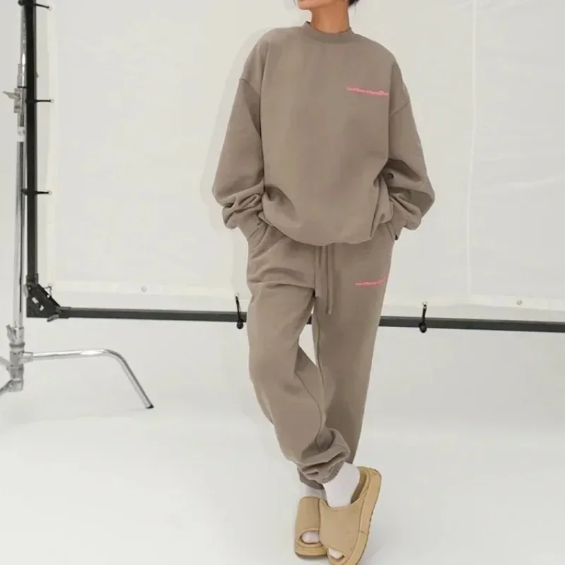 

DEEPTOWN Vintage Sweatsuit Set Korean Style Letter Print Sweatshirt Loose Sweatpants Women's Autumn Training Set 2 Piece