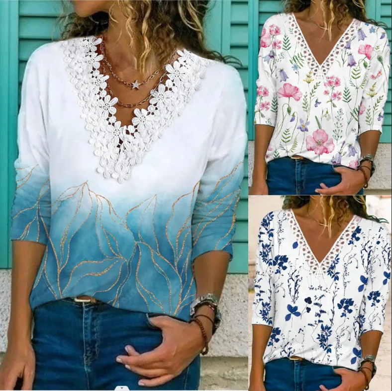 Woman's Tshirts Superior Quality spring/summer v-neck Leisure Floral Loose Ladies Top t-shirt Dropshipping Sale BKL6399