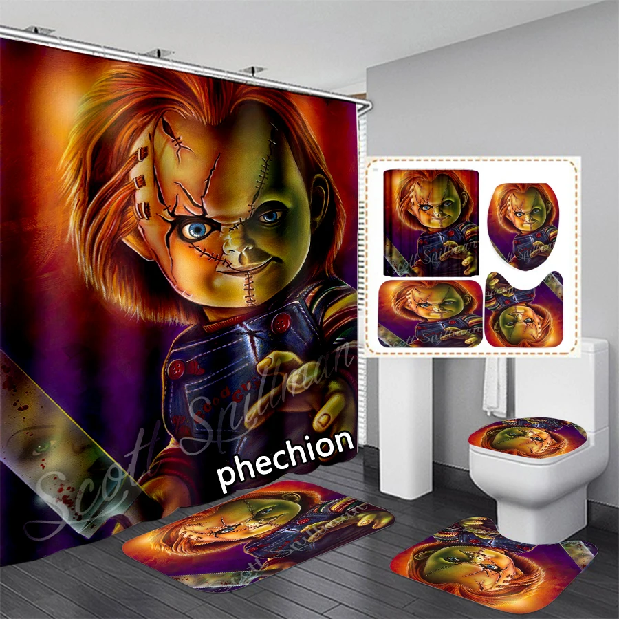 phechion New Fashion 3D Print Horror Chucky Shower Curtain Waterproof Bathroom Curtain Anti-slip Bath Mat Set Toilet Rugs VR267