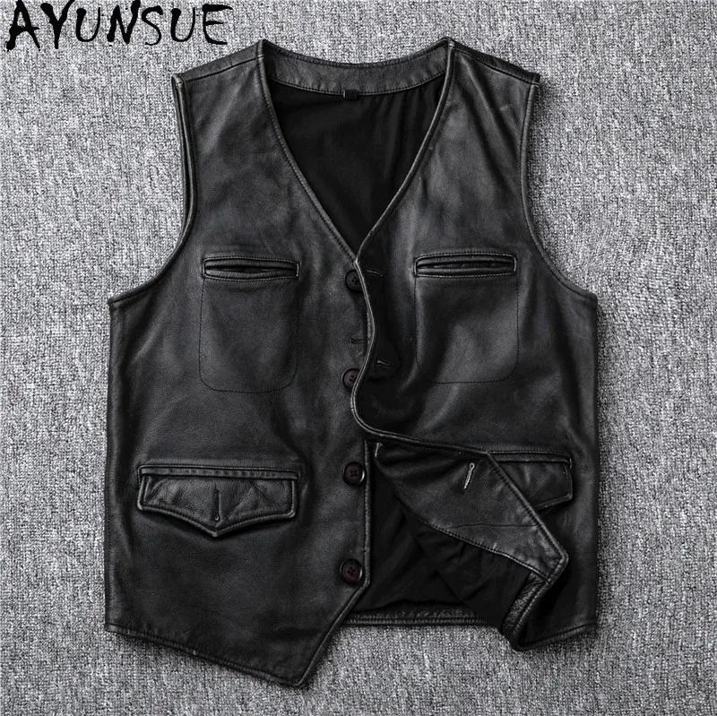 AYUNSUE Genuine Leather Jackets Mens Clothing Retro Cowhide Vest Black Jacket Fashion Short Vests Jaqueta De Couro Masculino