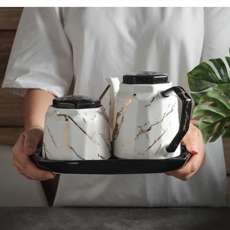 

Nordic color glaze home kitchen oil pot salt shaker seasoning box simple marbled ceramic jar combination