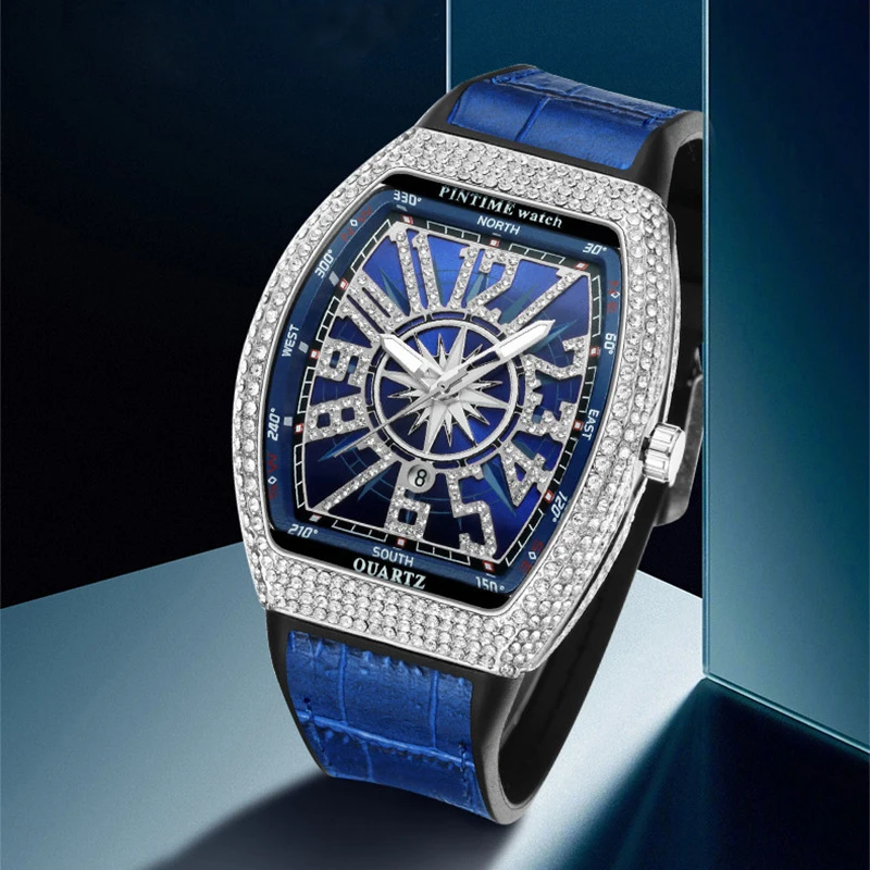 

New Arrival Iced Out Diamond Quartz Watch PINTIME Brand 30m Waterproof Shinning Blue Leather Strap Clock Popular Item Six Colors