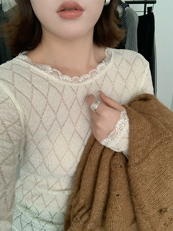 

Autumn Winter Women's Lace Base irt Long Sve Slim Fit Top Layering Design Sensation Faionable Thinming Effect T-irt