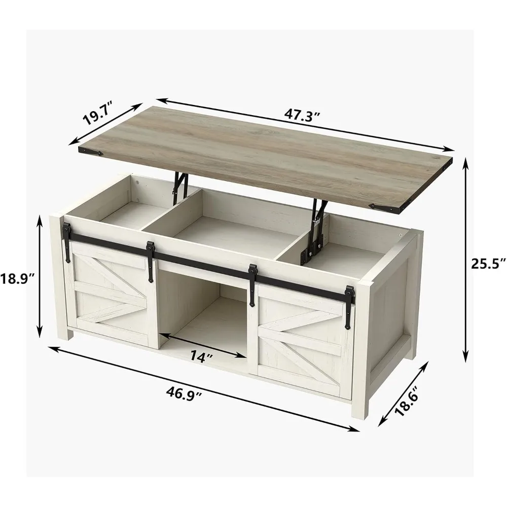 47.3''Lift Top Coffee Table, Farmhouse Center Table with Large Storage & Sliding Barn Doors, Modern Rectangular White Cocktail T