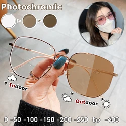 Photochromic Myopia Glasses Women Metal Frame Blue Light Filter UV-Proof Finished Computer Glasses Degree -50 to -400