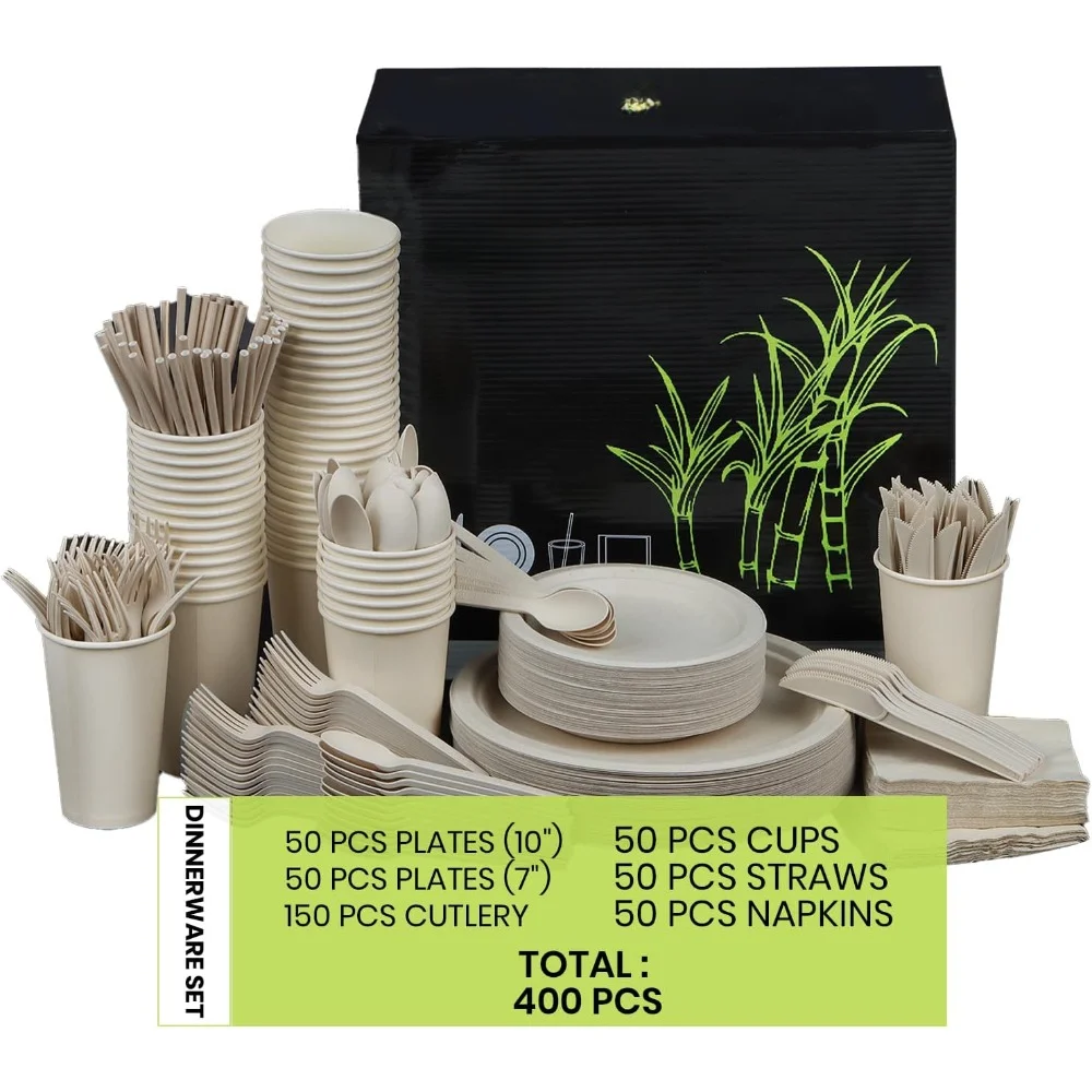 

400 Piece Compostable Dinnerware Set for 50 Guests, Biodegradable Paper Plates Set, Eco-Friendly Disposable Plates & Utens