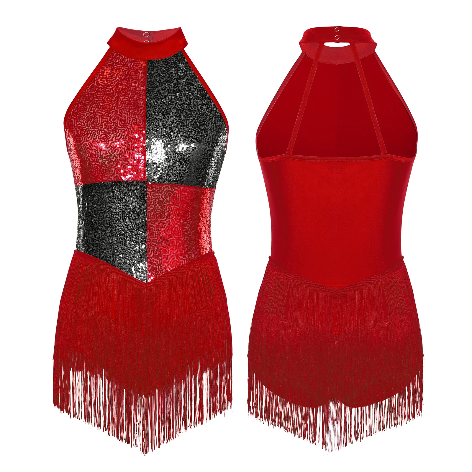 Womens Girls Sequin Modern Hip Hop Jazz Dance Performance Costume Leotard Dress Sparkling Tassels Samba Salsa Latin Dancewear