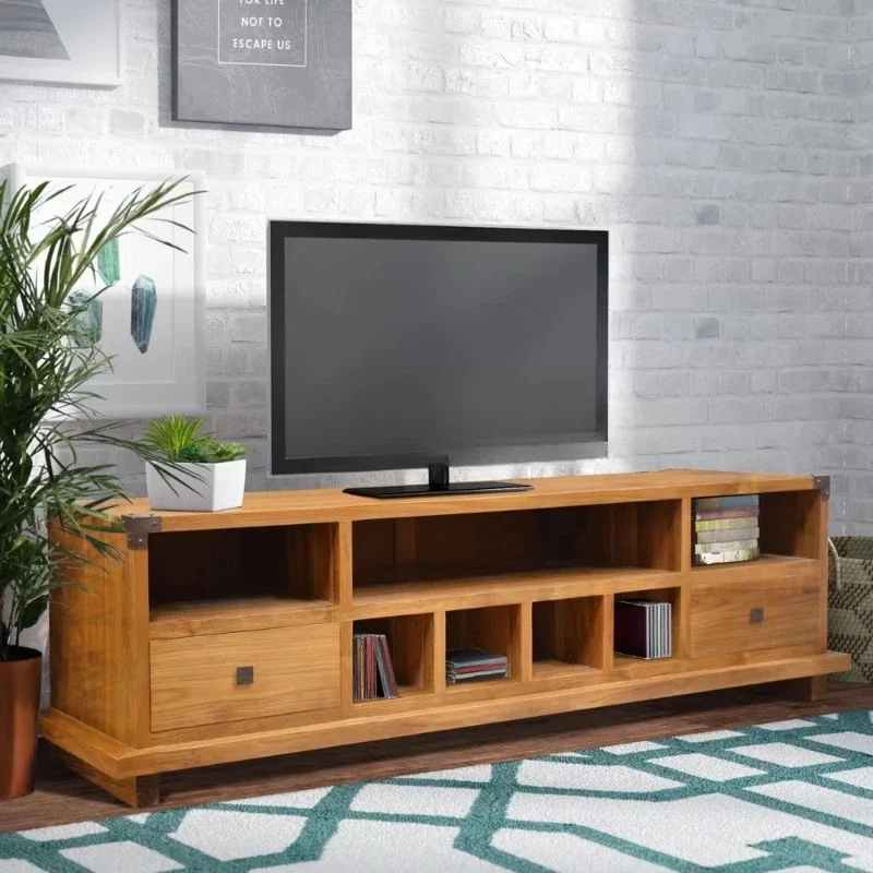 Solid teak style TV cabinet with 2 drawers, pre-assembled living room multi-functional minimalist home furniture