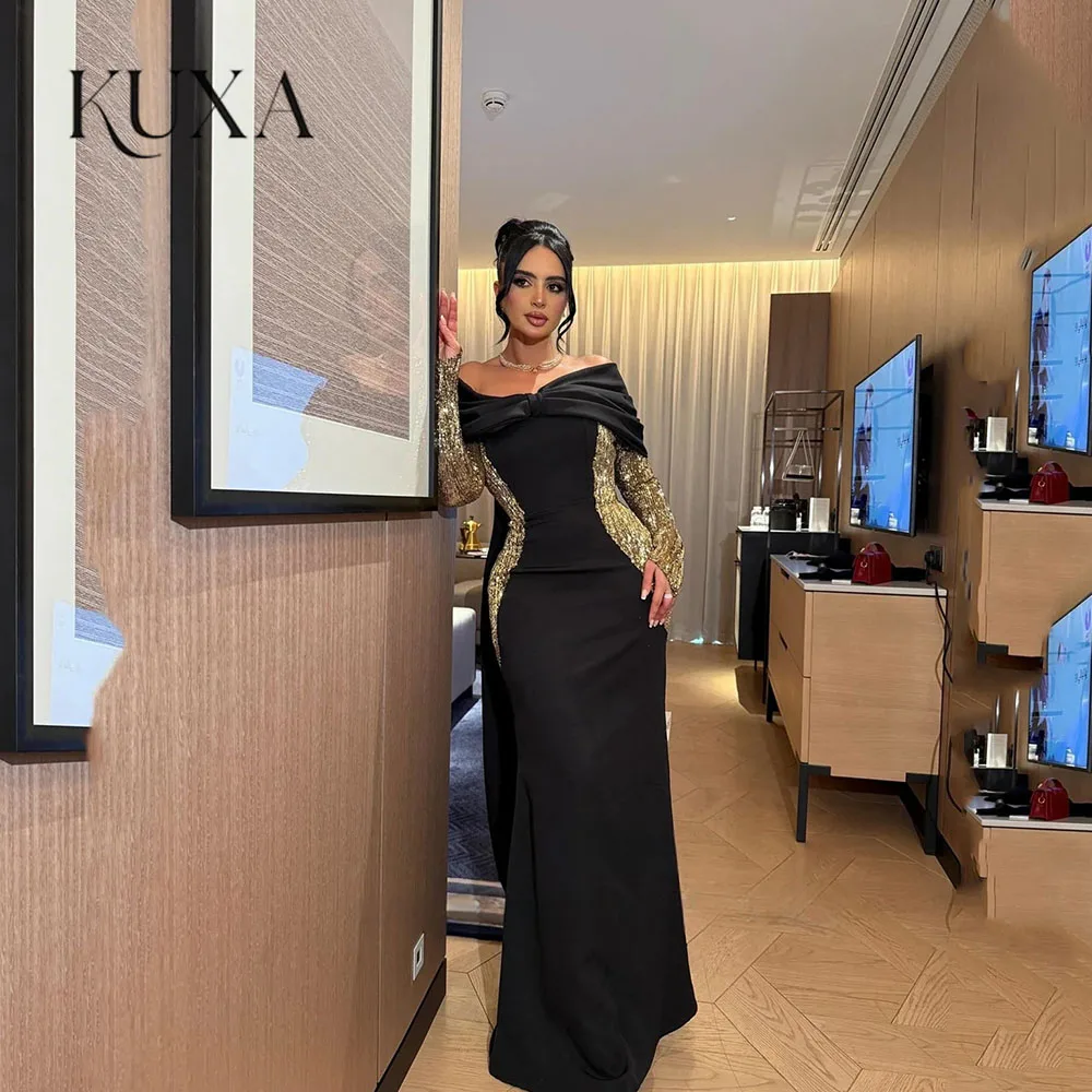 KUXA Mermaid Elegant Black Evening Dresses Ankle-Length Off The Shoulder Luxury Prom Dresses Saudi Kuwait robes de soirée 2026