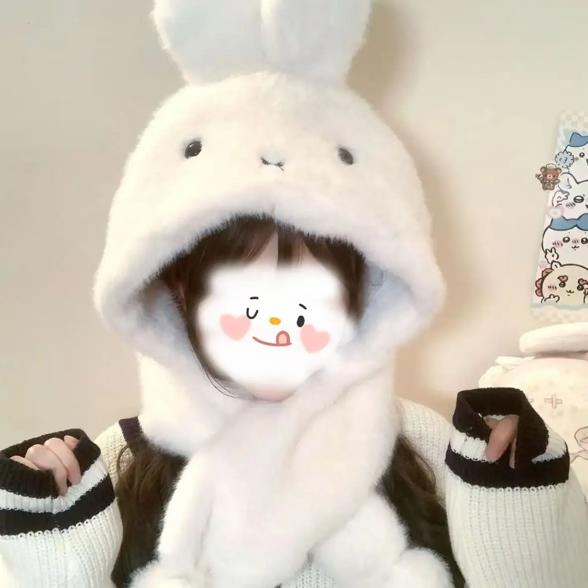 3D Stereo Cute Lovely Miffy Plush Hat Scarf Integrated Set Soft Warm Earflap Hat Windproof Winter Thermal Neck Warmer for Girls - view 5