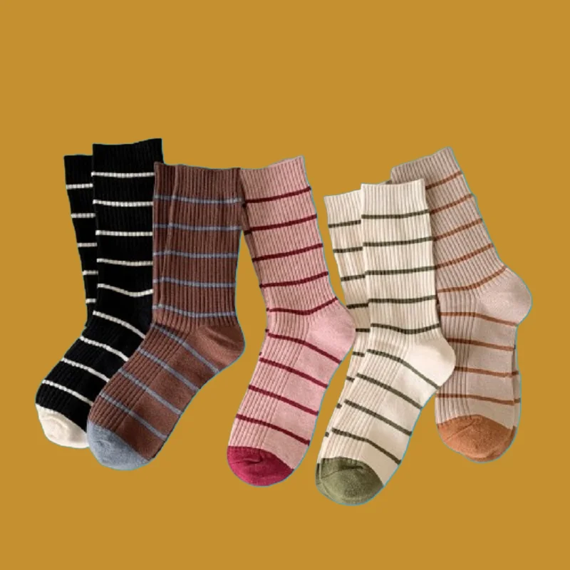 

5/10 Pairs Spring and Autumn Japanese Contrast Color Personalized Socks Korean Striped Socks Women's Cashmere Middle-Tube Socks