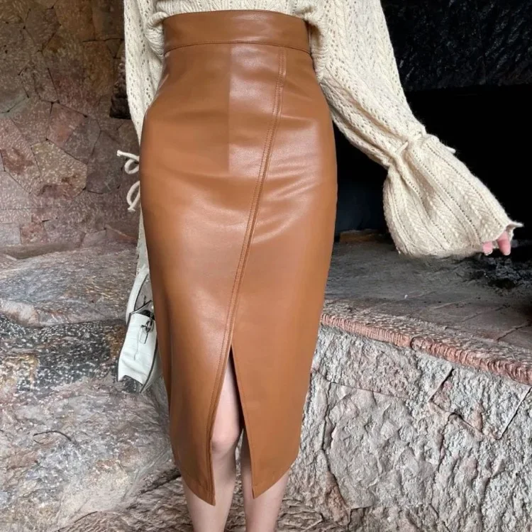 Korejepo PU Leather Skirt Spring Autumn New Temperament Chic High Waist Bottoms Split Hip Wrap Short Medium Long Skirts 2024