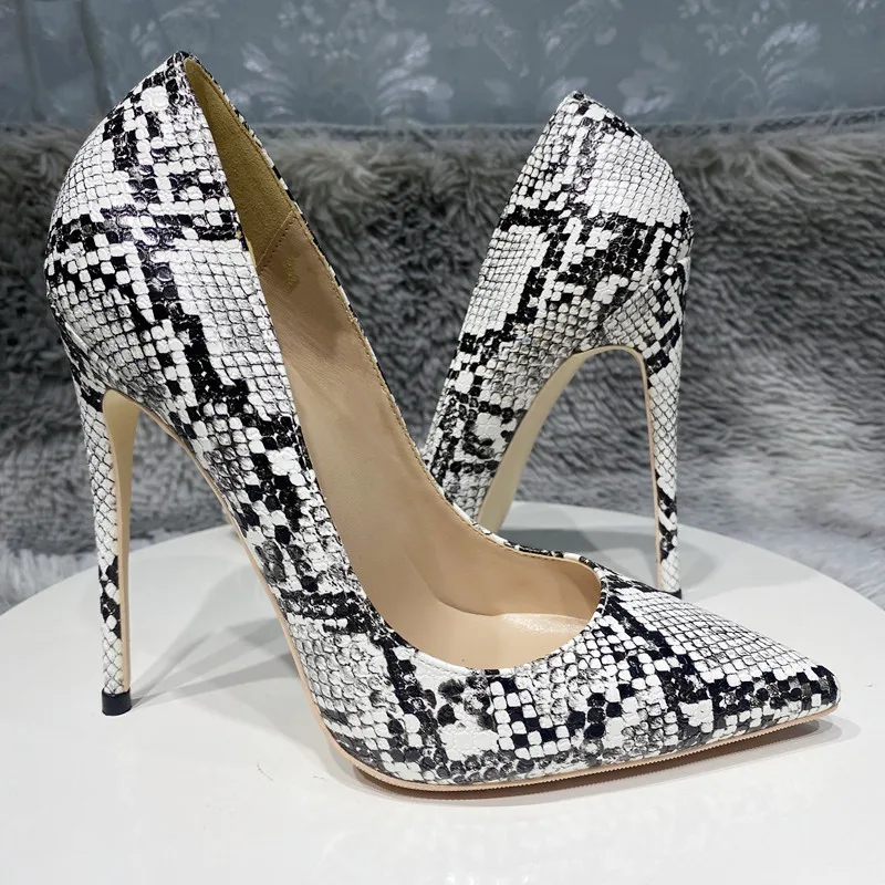 Tikicup Black White Snakeskin Women Sexy Pointy Toe hIgh Heel Shoes for Party Fashion Designer Stiletto Pumps 8cm 10cm 12cm