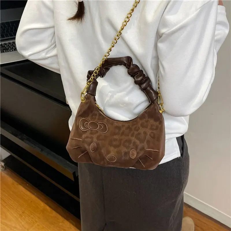 

Cute New Hello Kitty plaid Women's shoulder bag Kawaii crossbody bag fashion versatile leopard tote bag ladies' cute Handbag