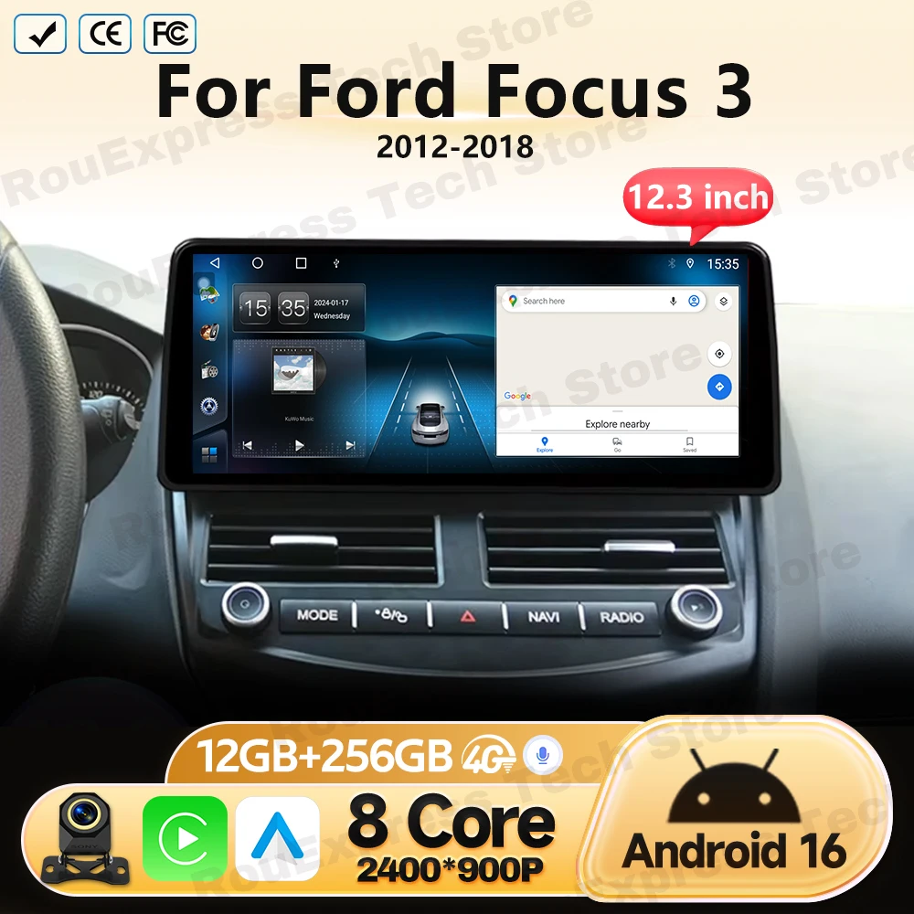 12.3 inch For Ford Focus 3 2012 2013 2014-2018 BT Head Unit Android Auto Car Radio GPS Video Player Navigation Multimedia No DVD
