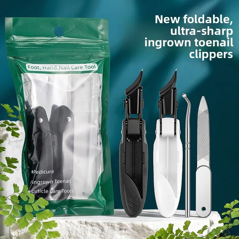 Foldable Ingrown Nail Clipper 3Pcs Bag Set, Precision Sharp Slanted Tip Nail Nipper, Ear Pick & Nail File Kit