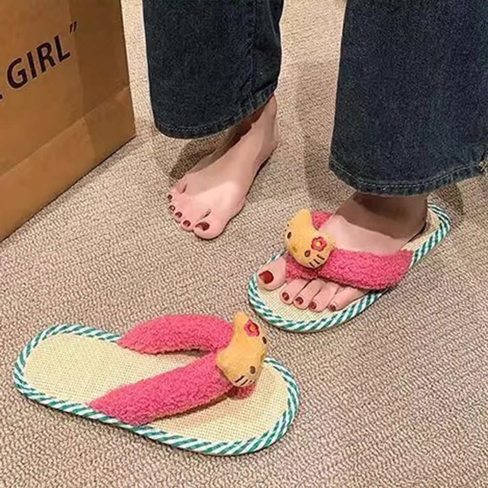 

Anime Sanrio Hello Kitty Women's Slippers Cute Cartoon Beach Y2K Linen Aesthetic Anti Slip Leisure Comfortable Outdoor Sandals