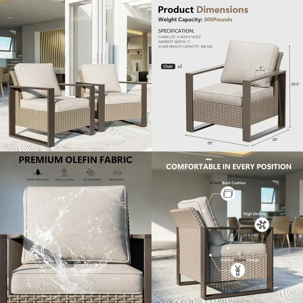 

Pair of Outdoor Wicker Chairs with Metal Frame and Plush Cushions for Patio, Deck, and Yard Comfort