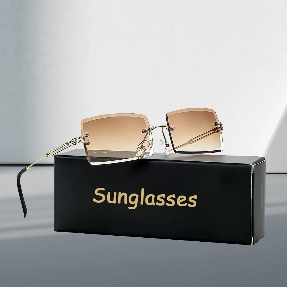 Men's Sunglasses Retro Sunglasses for Men Women Tinted Lens Metal Frame Vintage Rimless Rectangle Glasses UV400 Protection image 2