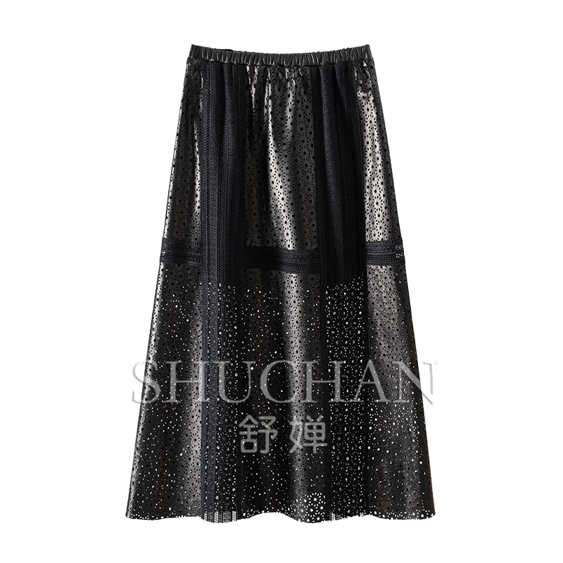 

Italian Luxury Sheepskin Hollow Out A Word Skirt Women 2024 Autumn Fashion Design Skirts for Women