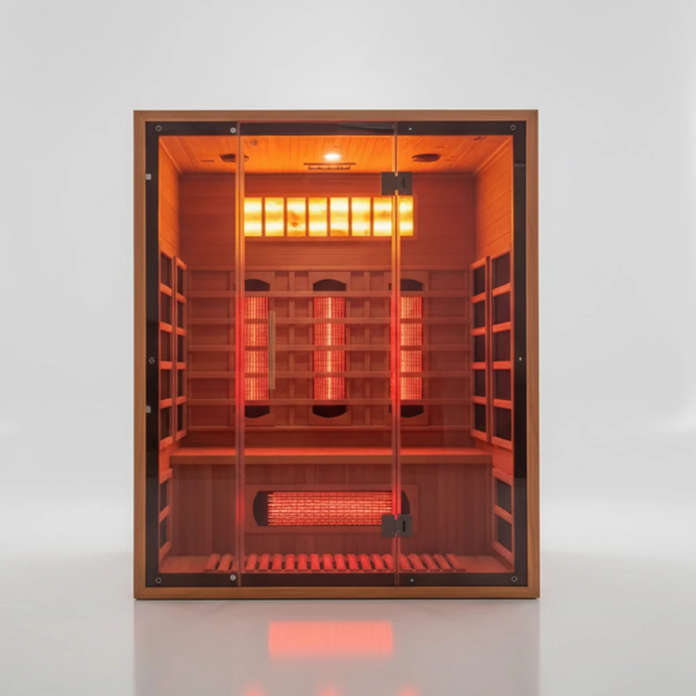 Luxury 2 Person Infrared Sauna Room With Backlit Himalayan Salt Wall Canadian Red Cedar Full Spectrum Home Sauna Spa