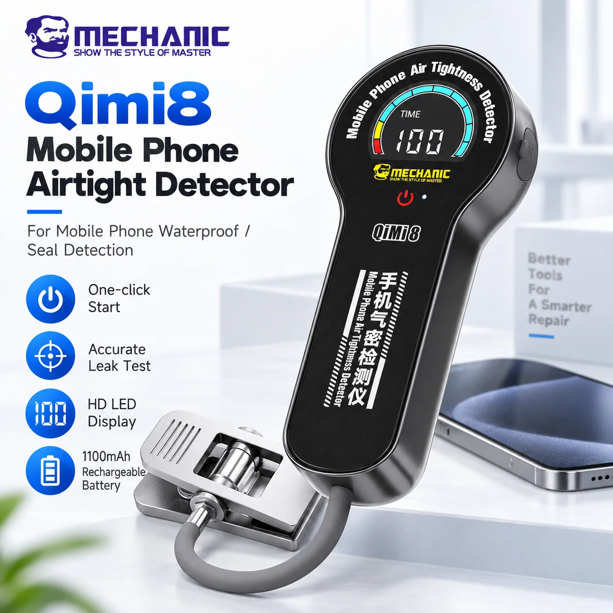 MECHANIC Qimi8 Mobile Phone Airtightness Tester Air Leak Detector HD LED Display Waterproof Seal Test for Mobile Phone Repair