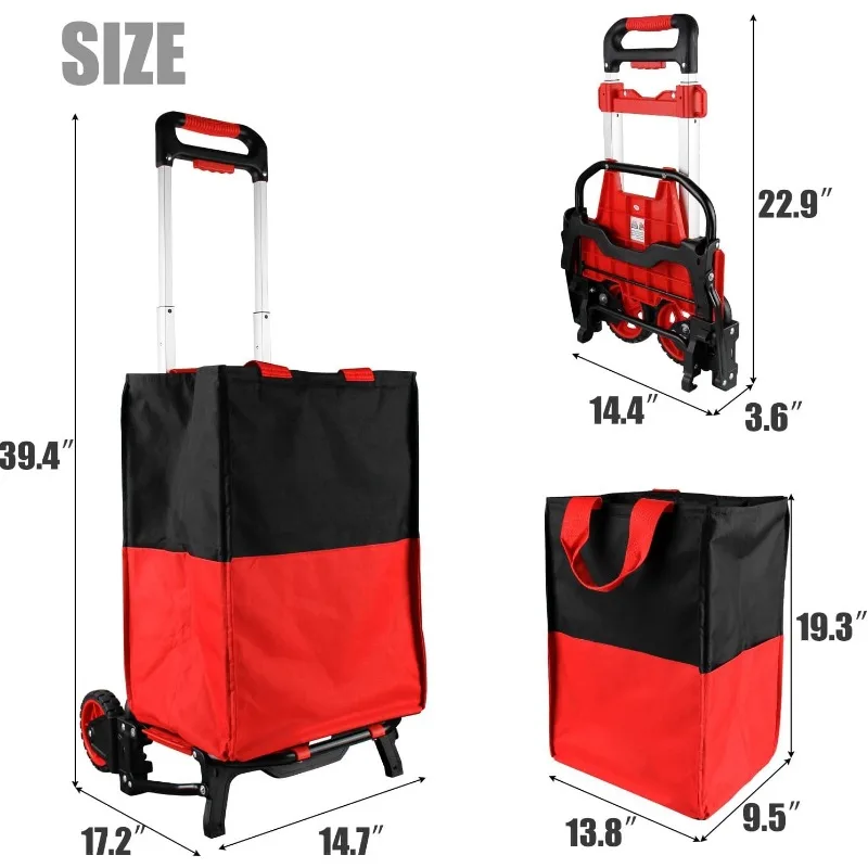 Folding Shopping Cart with Removable Waterproof Bag and Bungee Cord, Heavy Duty Push Cart with Mute Wheels, Portable Hand