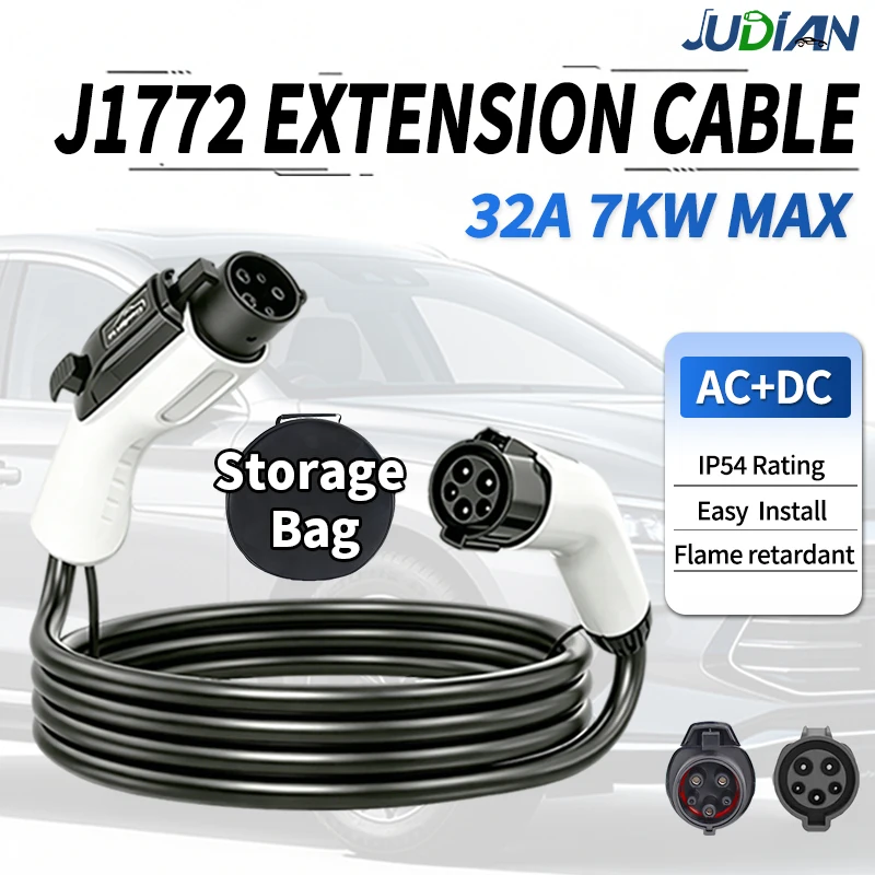 32A 2M/5M/10M Electric Vehicle J1772 Extension Cord Charging J1772 Female Plug to Type1 Male Plug for Electric Vehicle