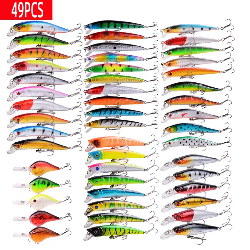 49pcs Premium Saltwater Fishing Lure Set with High Carbon Steel Treble Hooks Minnows Cranks and Poppers For Mixed Sea Fishing