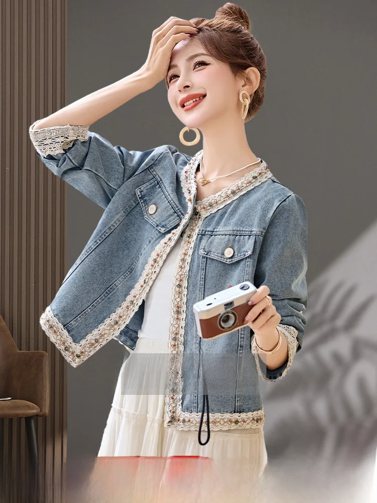 

Slimming Versatile Denim Jacket round Neck Splicing Lace Women's Outerwear Commute Style Straight Tube Shape Short Coat