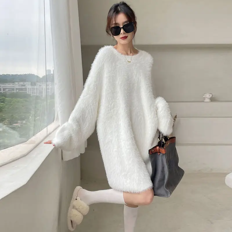 Languid lazy wind fashion imitation mink fluff dress female loose outer wear solid color in long sweater knitting base