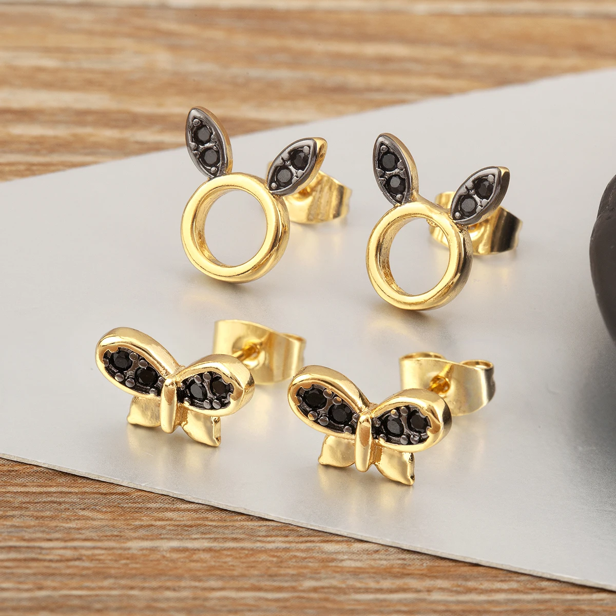 Nidin Hot Sale Heart/Star/Bone/Butterfly Shape Inlaid Black Zircon Stud Earrings For Women Girls Ear Jewelry Birthday Party Gift