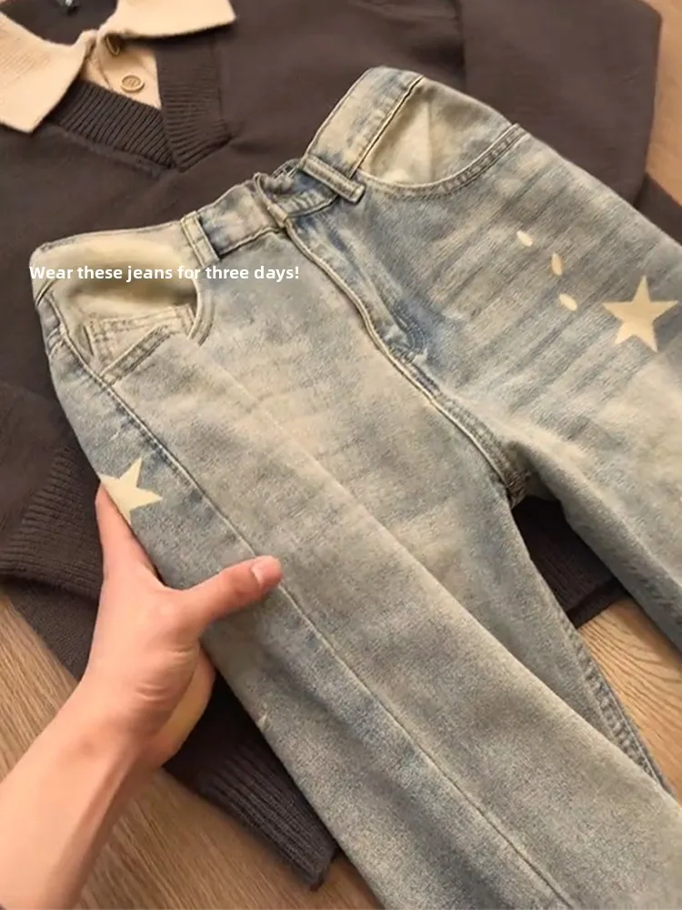 High Street Yellow Mud Color Five-Pointed Star Men's Jeans Autumn Washed Vintage CleanFit Straight Leg Slimming Pants